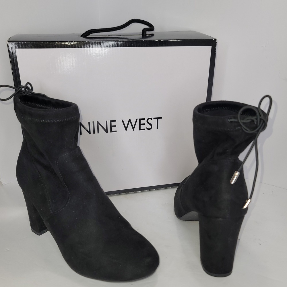Nine West‎ Suede Ankle Boot Women 8.5M Black Sock Block Heel Tie Y2K Whimsigoth